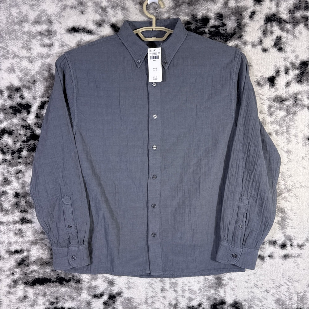 New H&M Shirt Mens Size Small Gray Woven Cotton Linen Button Down Peasant